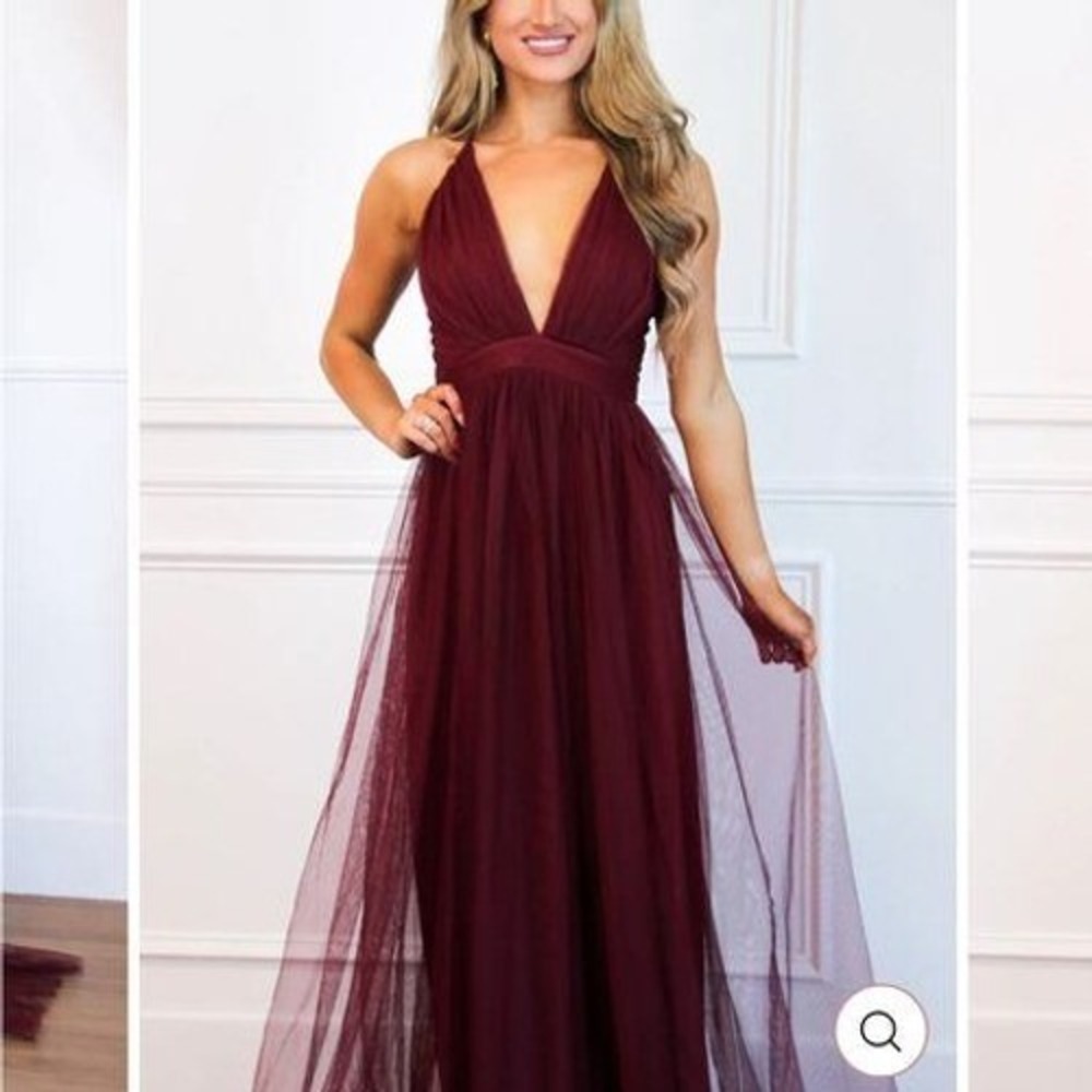 Petunia Women Burgundy Tulle V-Neck Maxi Dress Formal Evening Gown Plum (152)